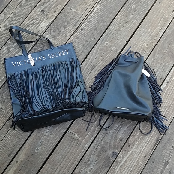 Victoria's Secret Handbags - Victoria Secret Black Fringed Purse and Backpack